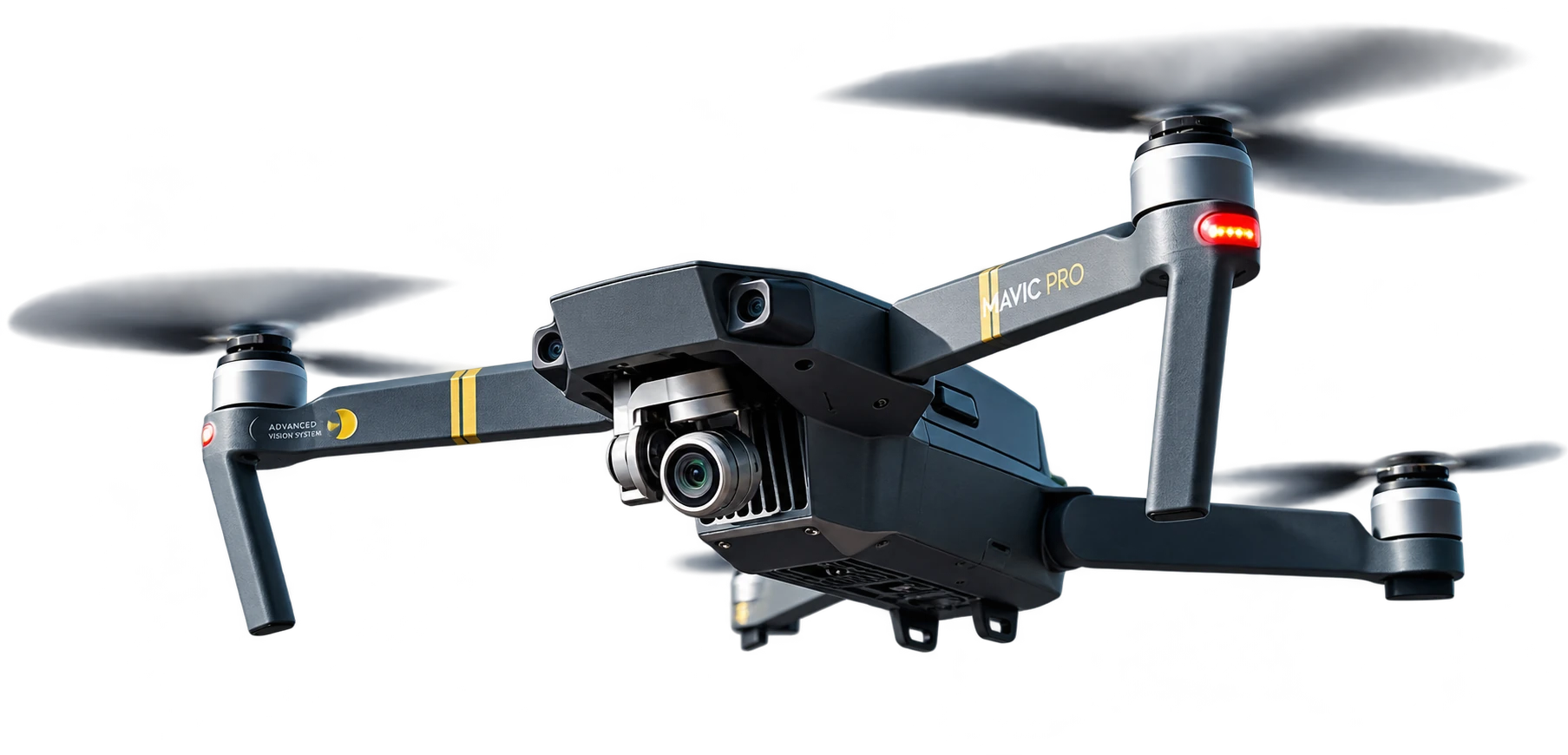 A black quadcopter with a forward facing camera and gold details